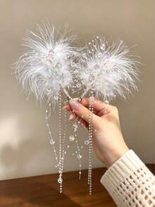 2pcs Iridescent Butterfly Beaded Feather Tassel Hair Clips, 3 Colors Available, Bridal Headpiece For Wedding, Party, Fairy Style - Multicolor - View 4