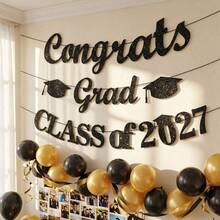 2027 Graduation Party Decorations - Class Of 2027 Banner - Congrats Grad Decor, 2027 High School College Graduation Pary Decorations Glitter - Black - View 2