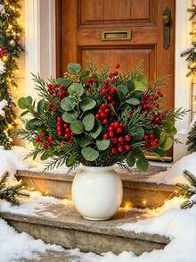 24Pcs Artificial Green Eucalyptus Leaves With Red Berries Stems & Norfolk Pine Branch, Realistic Winter Greenery Floral Arrangement Stems, Lifelike Christmas Floral Decor, Suitable For Vases, Table Centerpieces, Mantels, Stairs, Wreaths, Weddings - Multicolor - View 5