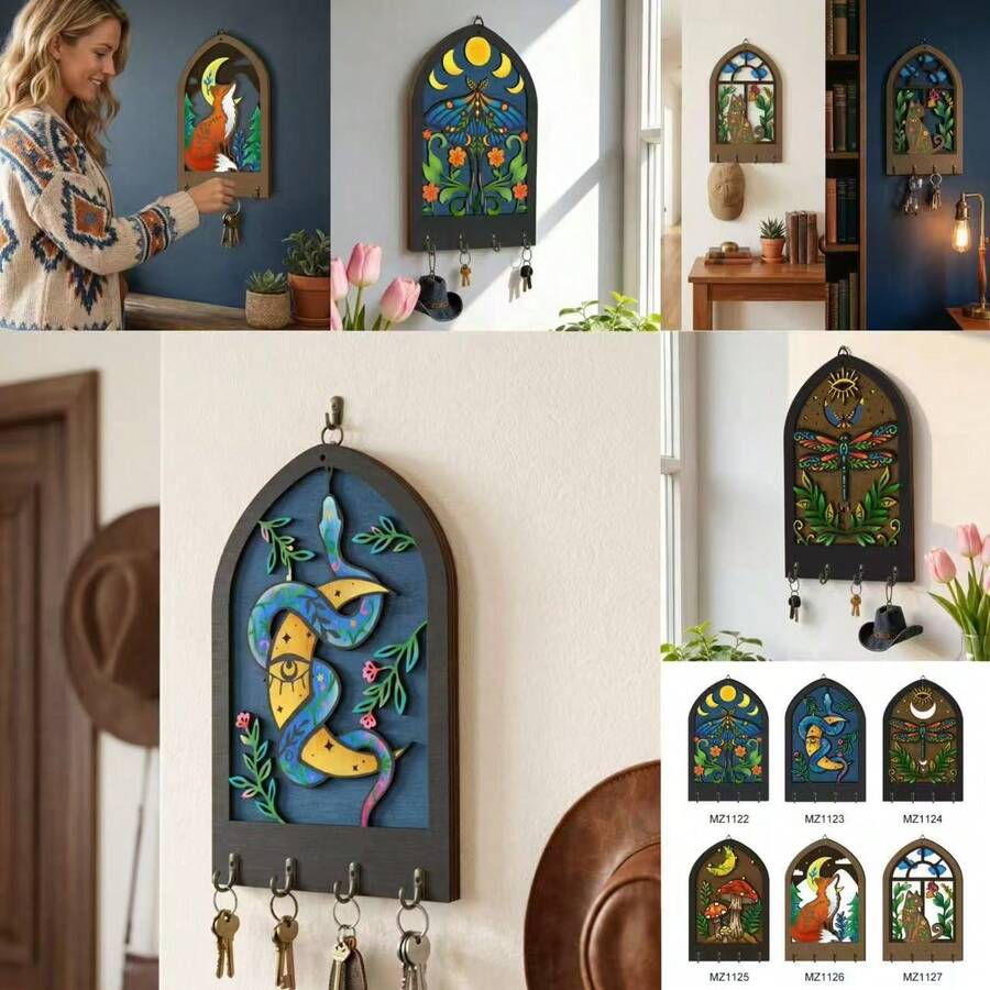 1pc 2D Flat Bohemian Style Wooden Key Hook Rack Home Decor Key Holder - Multicolor - View 1