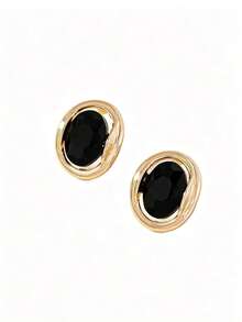 1 Pair Luxury Retro Style Gold-Plated Glass & Zinc Alloy Stud Earrings, Suitable For Daily Wear And Weddings, Black - Black - View 2