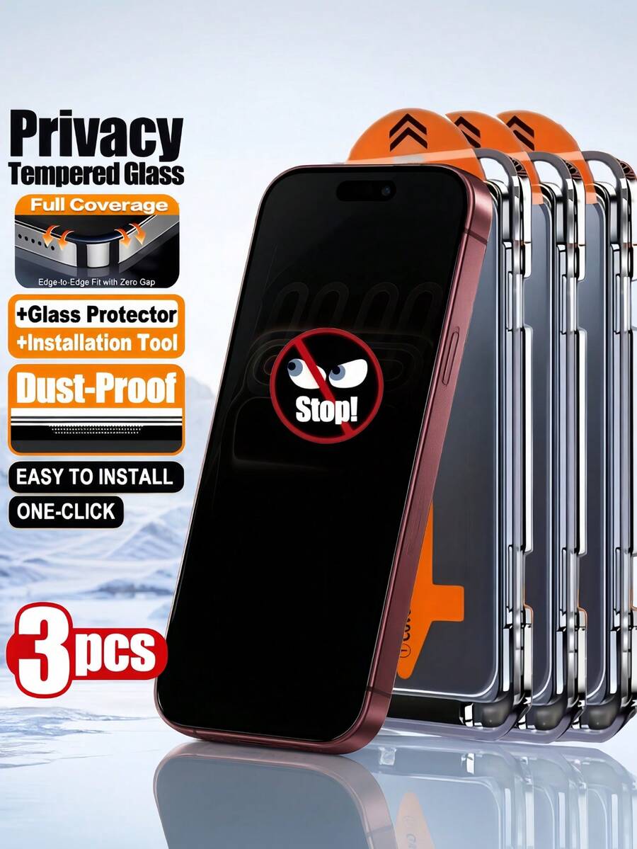 3pcs Privacy Screen Protector, Anti-Peeping, Dust Free Auto Alignment Anti-Scratch, 9H Full Coverage Tempered Glass, Case Friendly, Compatible With IPhone 18/17/16 Pro Max