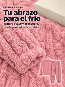 Conjunto de2 Piezas Pijama Casual Holgado para Mujer, Top y Pantalón de Franela Gruesa con Jacquard Cálido de Manga Larga para Otoño/Invierno - Rosa coral - Ver 4