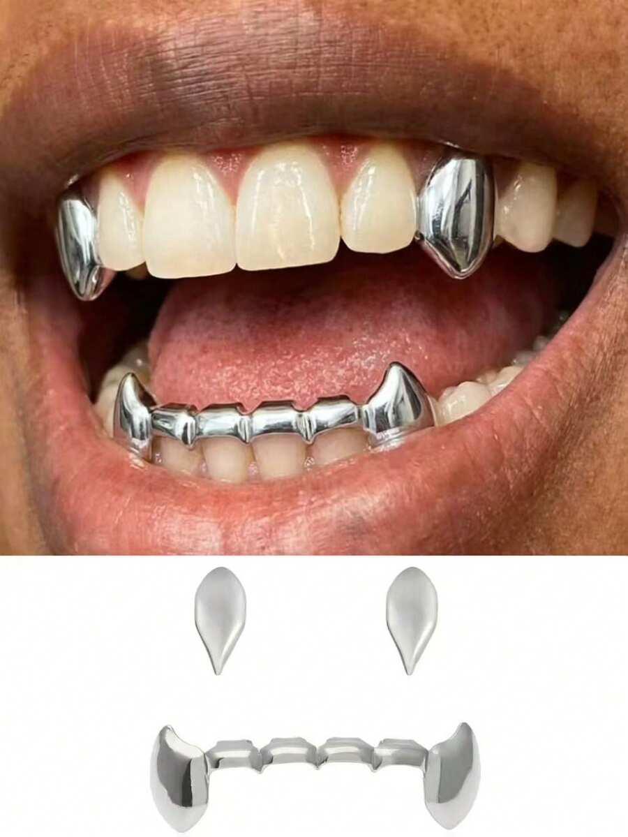 Hip-Hop Style Dental Grills, Halloween Personalized Teeth Props, Unisex - Silver - View 1