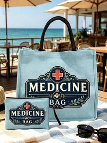 收納托特包套組，復古紅十字「MEDICINE BAG」印花大容量手提包，急救托特包，女款時尚托特包，單肩包，化妝包，旅行盥洗包，護理師、護理系學生、醫生與醫療專業人士的完美禮物，聖誕節、生日禮物 - 彩色 - 查看 13