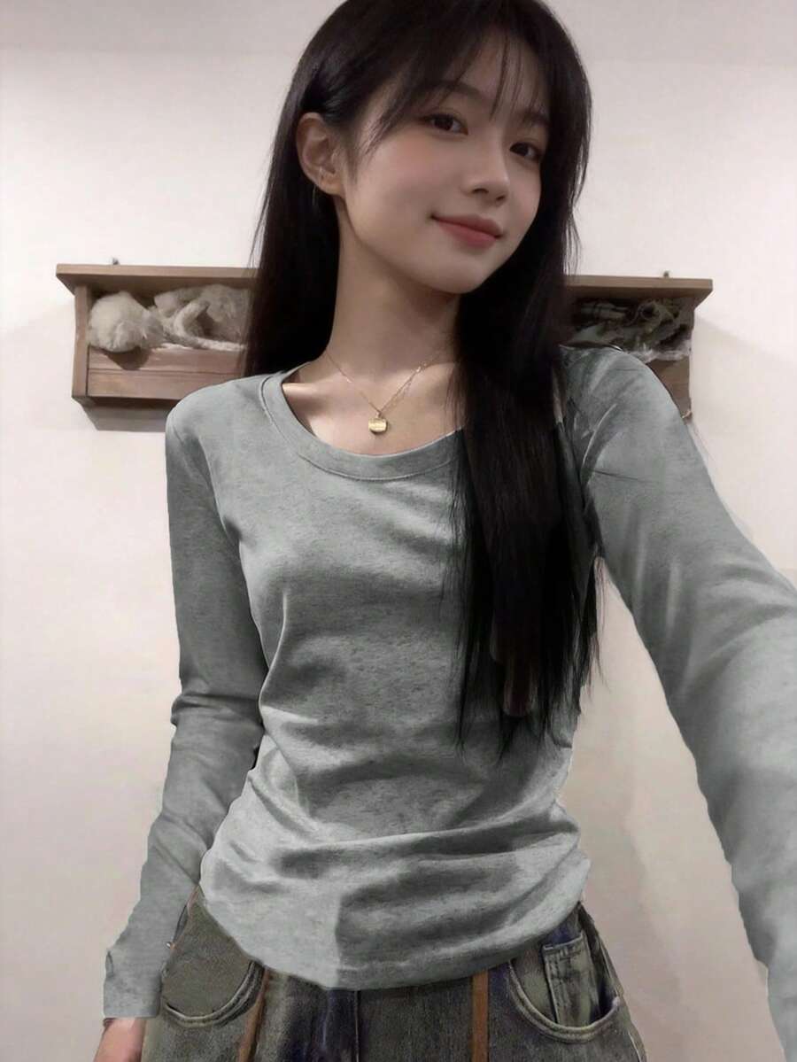女款美式修身方肩T恤,小眾設計,秋季 - 深灰色 - 查看 1