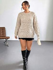 Plus Size Women's Loose Colorful Speckled Soft Knit Sweater, Relaxed Plus Size Drop Shoulder Pullover, Versatile For Daily, Commute, Date, Shopping In Autumn/Winter - Apricot - View 12