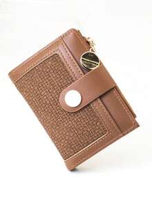 Dompet Lipat Pendek Wanita Bahan PU dengan Tekstur Tenun dan Motif Patchwork, Gesper Cantik dan Penutup Magnetik, Tempat Kartu Multifungsi, Pengatur Identitas, Dompet Koin Genggam Ringkas dengan Resleting - Coklat - View 3