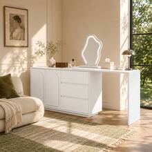 Flieks Dressing Table With LED Mirror And Pull-Out Tabletop, Vanity Table With 3-Color Lighting, 3 Drawers And 2 Storage Compartments, W 140 * H 75 * D 40 Cm - White - View 8