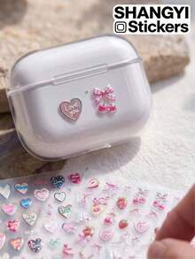 2 Styles Heart & Strawberry Bow Decorative Stickers, Vibrant Glossy Finish, Rich & Detailed Patterns. Suitable For Earphone Cases, Computers, Water Bottles & Aromatherapy Bottles, Decorate Various Personal Items, Add Sweet & Fresh Atmosphere - 7*8cm - View 1