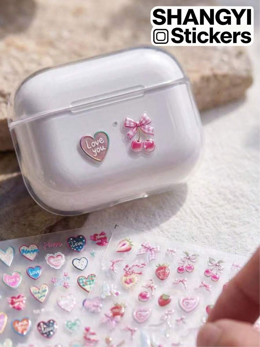 2 Styles Heart & Strawberry Bow Decorative Stickers, Vibrant Glossy ...