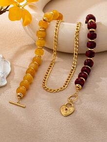 OABE 1pc Bohemian Style Burgundy And Orange Beaded Contrast Design With Metal Chain And Lock Pendant Multi-Layer Necklace For Women, Suitable For Daily Wear - Multicolor - View 7