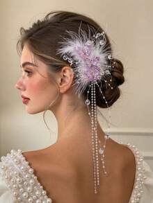 2pcs Iridescent Butterfly Beaded Feather Tassel Hair Clips, 3 Colors Available, Bridal Headpiece For Wedding, Party, Fairy Style - Multicolor - View 2