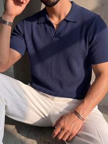 Men's Solid Color Waffle Knit Polo Shirt, Short Sleeve, Casual Top, Thin - Navy Blue - View 7