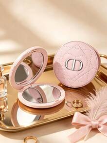Portable Double Sided Compact Makeup Mirror Heart Quilted PU Pocket Mirror For Makeup Touch Up Travel Daily Use Bridesmaid Birthday Holiday Gift For Women DIOR - Pink - View 1