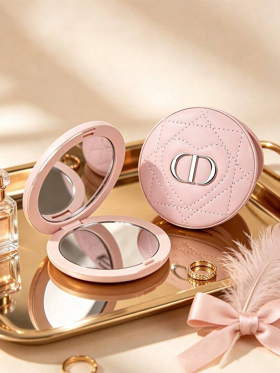 Portable Double Sided Compact Makeup Mirror Heart Quilted PU Pocket Mirror For Makeup Touch Up Travel Daily Use Bridesmaid Birthday Holiday Gift For Women DIOR - Pink - View 1