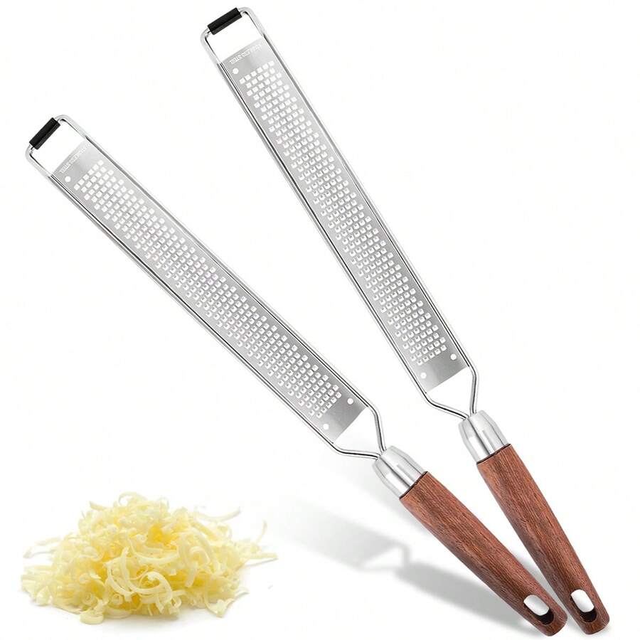 2 Pcs Stainless Steel Cheese Grater & Lemon Zester - 39.5cm/15.55in Length Heavy Duty Vegetable Grater With Wooden Handle For Cheese, Chocolate, Spices, Kitchen Gadgets And Tools - Multicolor - View 1