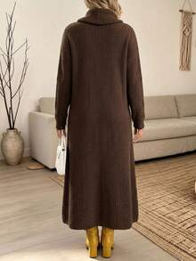 Plus Size Women Solid Color Warm Long Sleeve Ruched Neck Knit Dress, Loose Fit Flattering Everyday Home & Outdoor Versatile Style - Coffee - View 8