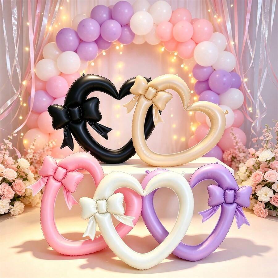 Bow Hollow Heart Photo Frame Foil Balloon, Available In Purple, Cream, Black, Caramel And Pink, Ins Style Decor Prop For Engagement, Wedding, Birthday Party Photo Backdrop - Multicolor - View 1