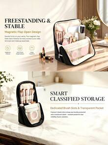 Upright Cosmetic Bag, Large Capacity Multi-Functional Portable Travel Business Toiletry Bag, Spacious Stationery Storage Bag, Multi-Compartment Design + Fabric + Mesh Pockets, Portable Skincare Products Storage, Gift For Women, Christmas Gift, Great Gift For Her,Pouch,Makeup Pouch,Travel Essential - Multicolor - View 11