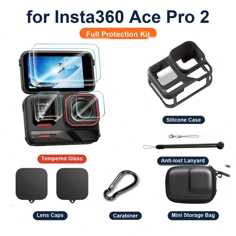 Action Camera Accessories Kit For Insta360 Ace Pro 2, Tempered Glass Film, Case, Lens Caps, Bag - View 1
