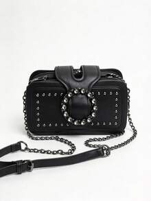 Women's Black PU Crossbody Bag, Punk Rivet & Rhinestone Circle Detail, Chain Shoulder Strap, Edgy Style For Party, Concert & Daily Wear - Black - View 9