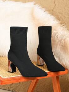 HGUIGJ Autumn/Winter New Women's Elastic Pointed Toe Metallic Glossy Chunky Square Heel Minimalist Elegant Ribbed Knit Design Ankle Boots Suitable For Dating, Party, Daily Wear And Commuting - Black - View 4