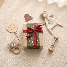 Christmas Teddy Bear Plush Gift Set, Suitable For 0-12 Months Newborns, Cute Bear Rattle + Sun Rattle + Milestone Cards + Silicone Green Leaf Teether Toy, Holiday Newborn Boy Girl Gift - Multicolor - View 1