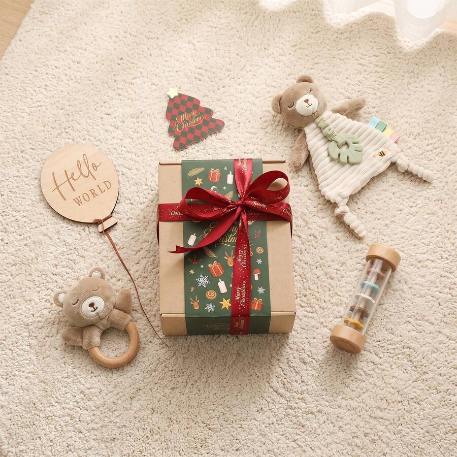 Christmas Teddy Bear Plush Gift Set, Suitable For 0-12 Months Newborns, Cute Bear Rattle + Sun Rattle + Milestone Cards + Silicone Green Leaf Teether Toy, Holiday Newborn Boy Girl Gift - Multicolor - View 1