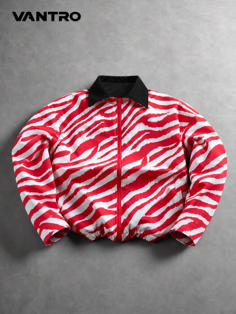 Men's Stand Collar Flight Jacket, Red And White Tiger Stripe Casual Outerwear - Red - View 1