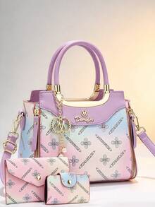 Women's Fashion Gradient Monogram Handbag Set, Stylish Top Handle Bag With Matching Purse, Contrast Color Trim, M Pearl Charm, Gold Hardware - Violet Purple - View 2