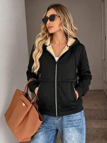 Women's Zipper Hooded Fleece Lined Jacket, Solid Color Warm Casual Winter Coat - Black - View 3