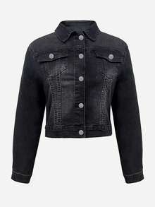Women's Black Washed Denim Jacket, Lapel Collar, Long Sleeve, Button Front, Pockets, Cropped, Stretch Fabric, Suitable For Autumn Wear - Black - View 4