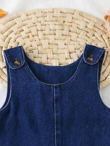 Infant Toddler Bear Patchwork Denim Overalls, Fixed Shoulder Straps, Dual Front Pockets Casual Denim Jumpsuit - Blue - View 3
