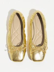 French Style Gold Bow Ballet Shoes, Shallow Square Toe Soft Sole Comfortable Shoes For Commuting And Dating, Ruched Women's Shoes - Gold - View 20