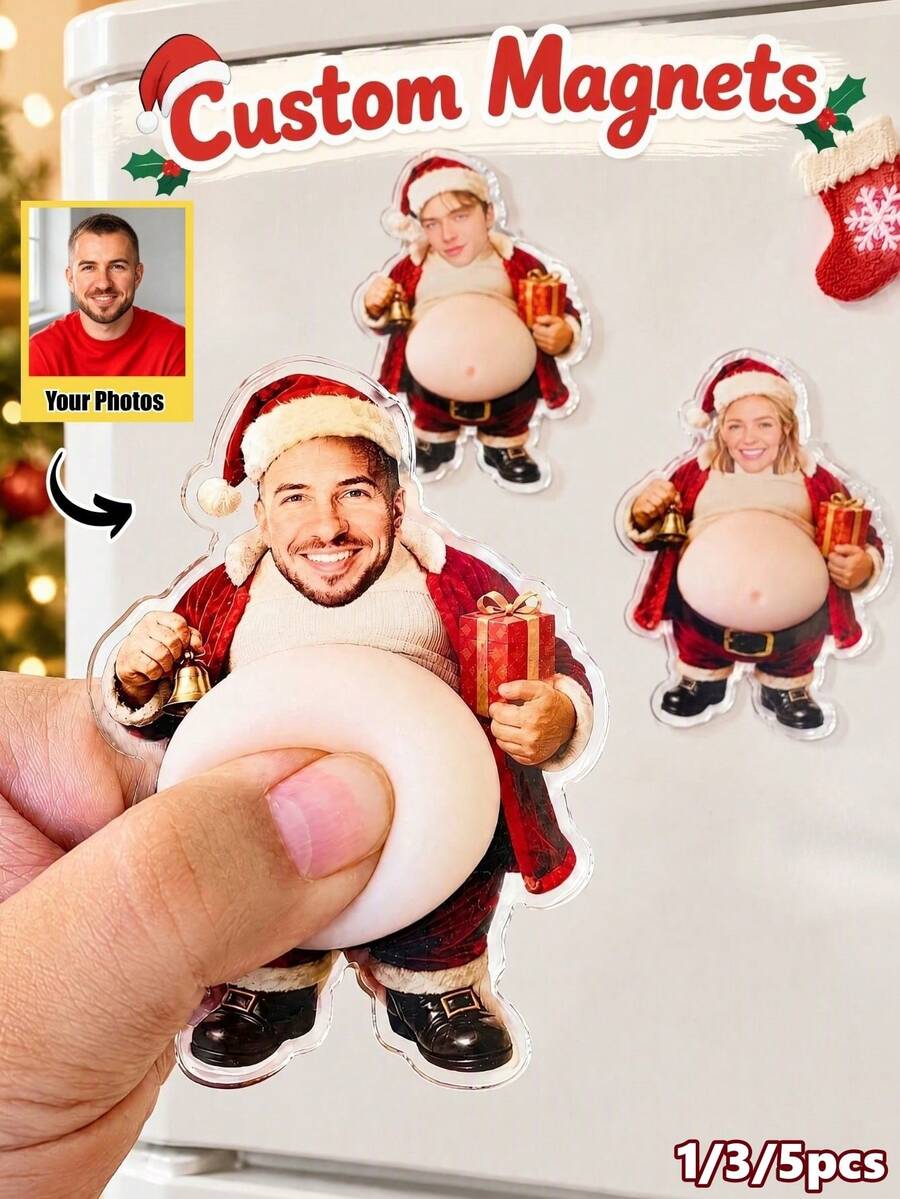 1/3/5Pcs Custom Photo Santa Fridge Magnet, Personalized Face Belly Acrylic Refrigerator Magnet, Customized Portrait Xmas Home Kitchen Decoration, Novelty Christmas Gift For Family, Friends, Holiday Souvenir, Unique Custom Photo Keepsake Gift - Multicolor - View 1
