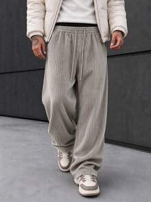 Men's Corduroy Straight Leg Pants, Comfortable Loose Fit Solid Color Versatile Long Pants, Autumn/Winter Double Waistband Design Casual Trousers - Beige - View 3