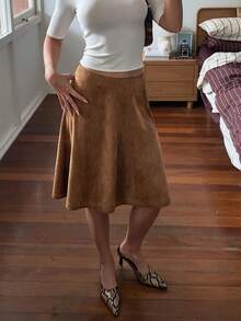 QUNGIGU Women Flared A Line Midi Skirt Suede Vintage Casual Outfits For Fall Winter Going Out Dating Daily Commuting - Brown - View 3