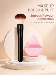 1pc Large Round Head Blush Brush, Portable Blending Makeup Brush, Soft Fiber, Women's Travel Makeup Tool, Powder Brush, Contour Brush, With Triangle Powder Puff - Black - View 3