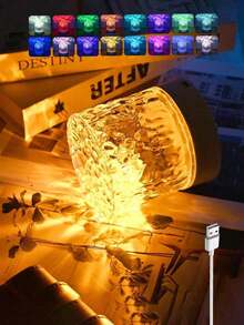 1pc Round Crystal Night Light Table Lamp, Creative Bedside Lamp With Rotating Water Ripple Effect, Water Ripple Atmosphere Light, 16 Colors Optional, With Remote Control, Bedroom RGB Remote Control Night Light, Rotating Water Ripple Design, Suitable For Christmas - Cylindrical Water Ripple Projection Lamp - View 9