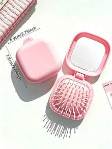 1pc New Colorful Square Folding Hair Brush With Mirror, Air Cushion Hair Comb In Pink/Blue/White/Black, Portable Travel Size, Easy To Comb Scalp, Solid Color Compact Square Styling Tool, Fits In Wallet/Pocket, Daily Use, Mini Hair Brush For Women And Girls - One Size - View 10
