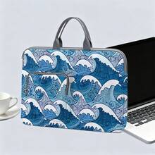 Blue & White Wave Print Laptop Bag/Briefcase - Made Of Soft Fabric, Compatible With Various Laptops And Tablets, Equipped With External Zipper Pocket And Fixed Handle, Large Capacity Storage, Balancing Protection And Portability, Suitable For Work, Study And Travel, Essential For Daily Commute - Multicolor - View 1