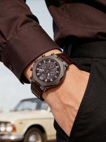 Men's GUESS Octagonal Multi-Dial Quartz Watch, Gunmetal Case, Camouflage Hollow Dial, Crocodile Embossed Leather Strap, Rugged Business Wristwatch - Black - View 2