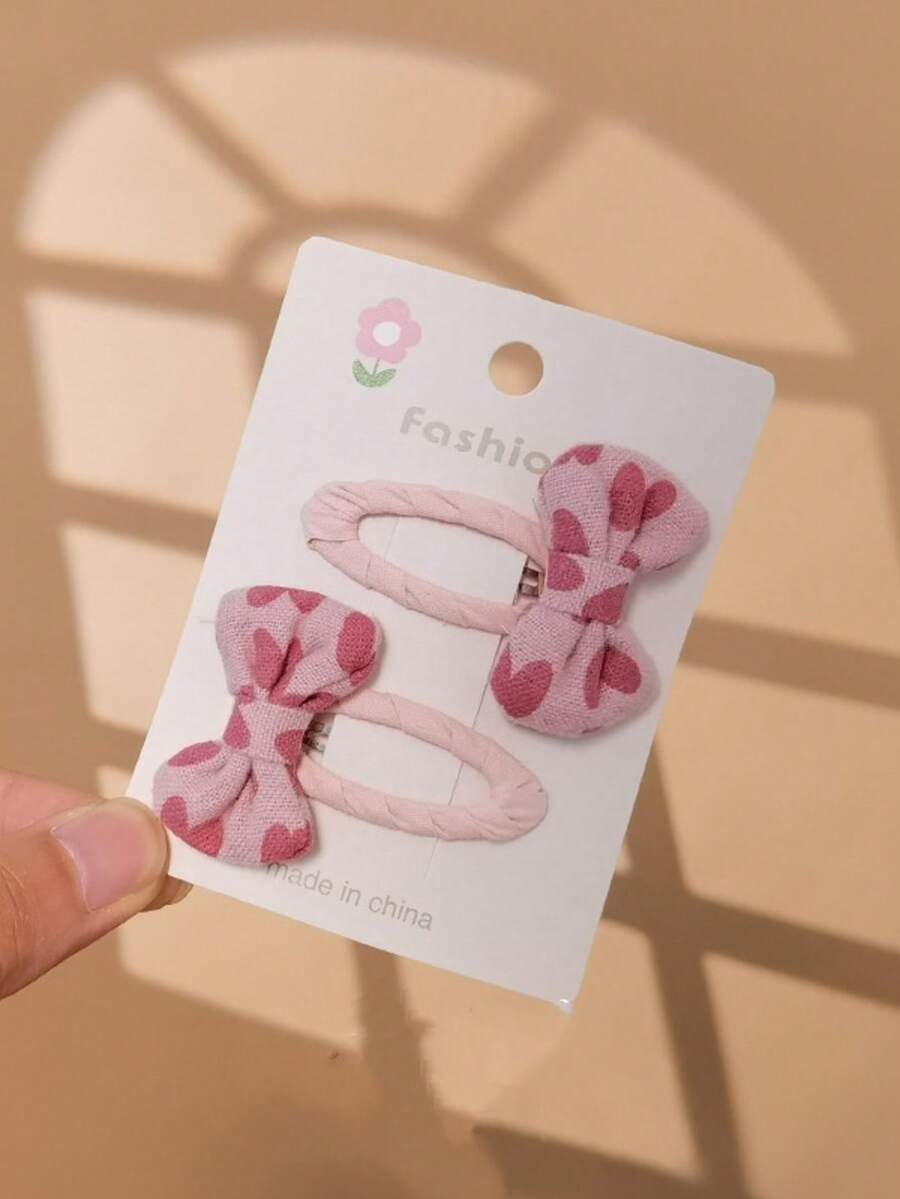 2pcs Pink Heart Bow Hair Clips Handmade Candy Hair Clips Hair Accessories - Pink - View 1