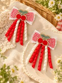 2Pcs Red White Gingham Ribbon Bows For Girls Cherry Decor Crimped Spiral Tassel Clips Sweet Daily Fall Winter Wedding Hair Clips Kids Hair Accessories - Multicolor - View 1
