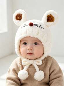 1pc Baby Cute Furry Ears Winter Embroidered Letter Decor Cartoon Animal Shaped Hat, Warm Plush Ear Cover Beanie For Winter Outings - Cat Ears Lovely Cat - View 2