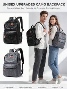 BEIQIANDAI 1pc PU Camouflage Backpack For Men, Large Capacity Laptop Bag With Breathable Shoulder Straps, Commuter Travel Student School Bag With Luggage Strap - Backpack - View 10