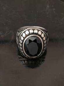 1 chiếc nhẫn viền đính hạt khắc hoa văn vintage, đá nhân tạo đen oval đa mặt, chạm khắc chi tiết họa tiết retro, đai nhẫn màu bạc - màu đen - Xem 1