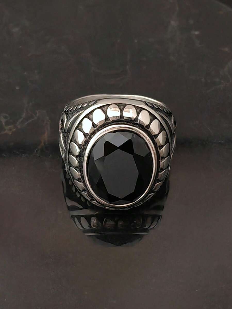 1 chiếc nhẫn viền đính hạt khắc hoa văn vintage, đá nhân tạo đen oval đa mặt, chạm khắc chi tiết họa tiết retro, đai nhẫn màu bạc - màu đen - Xem 1