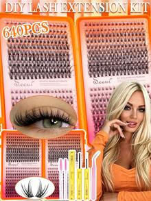 640pcs DIY Individual Lashes, Soft & Comfortable, Wispy Soft Daily Cluster Lashes With Lash Bond And Seal, Lash Tweezers, Brush, Thin And Lightweight, Easy For Professionals And Beginners, Convenient For Home Use, Lashes, Eyelashes, Lash Clusters - Black - View 1